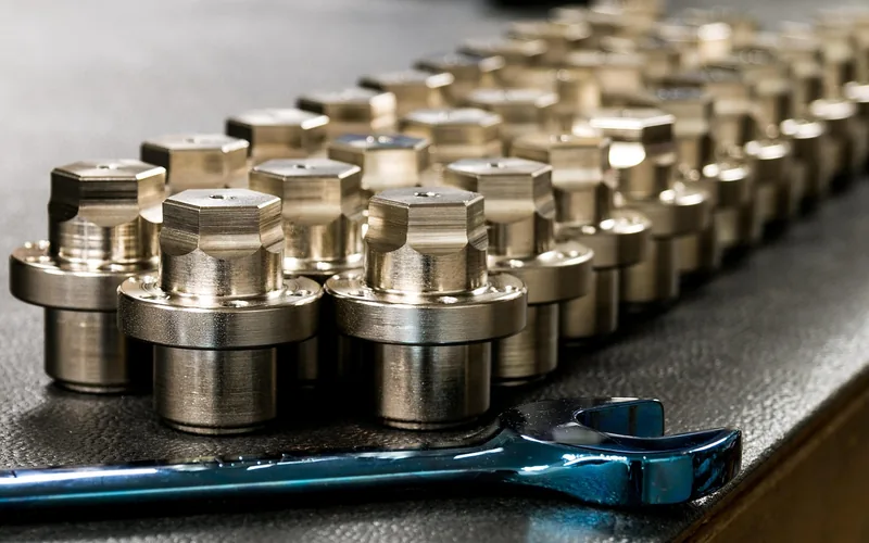 machined metal parts and a wrench laid out on a workshop bench machined metal parts and a wrench laid out on a workshop bench