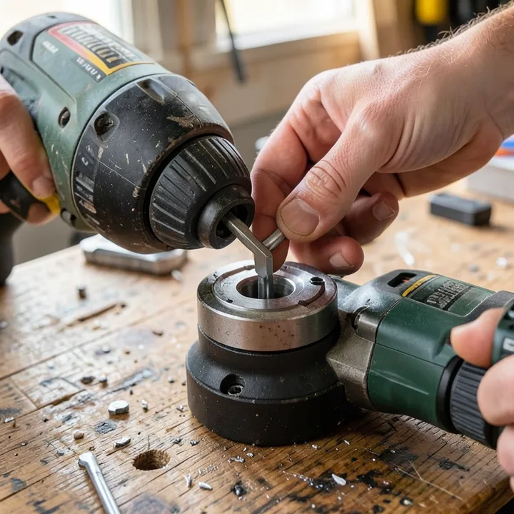 Inserting a hex key into a Milwaukee drill chuck to loosen the retaining screw