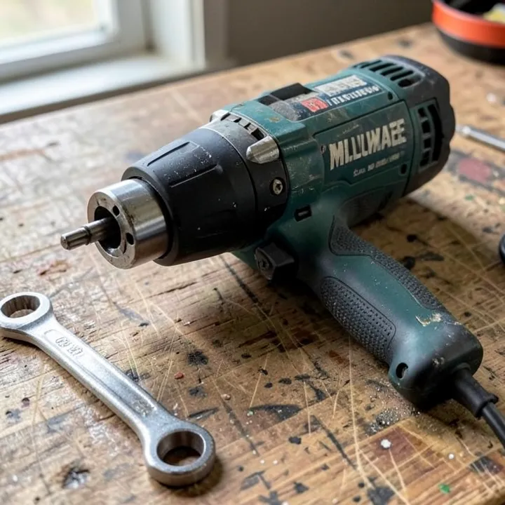 Milwaukee cordless drill with chuck removed, showing the drive shaft