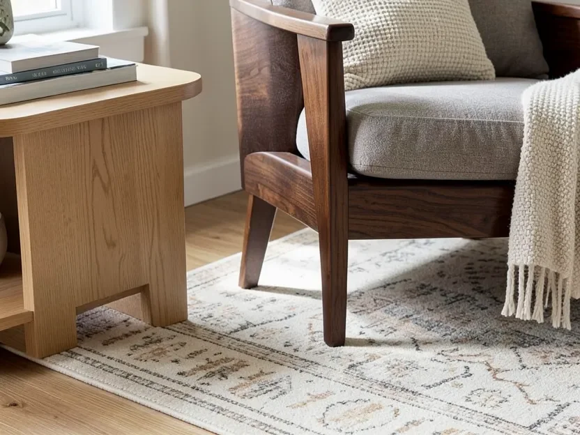 Neutral patterned rug placed between a light oak side table and a dark walnut armchair