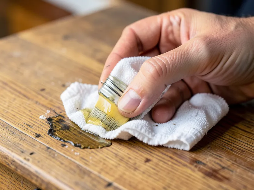 A hand applying oil with a cloth to a wood surface to remove glue residue