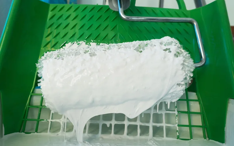 paint roller loaded with white paint resting on a tray drip grid
