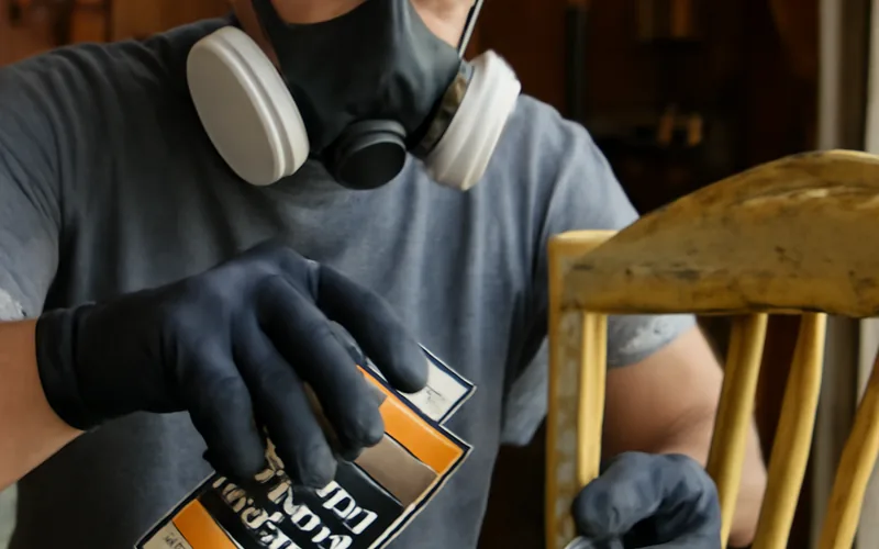 applying paint stripper gel while wearing protective gloves and a respirator mask applying paint stripper gel while wearing protective gloves and a respirator mask