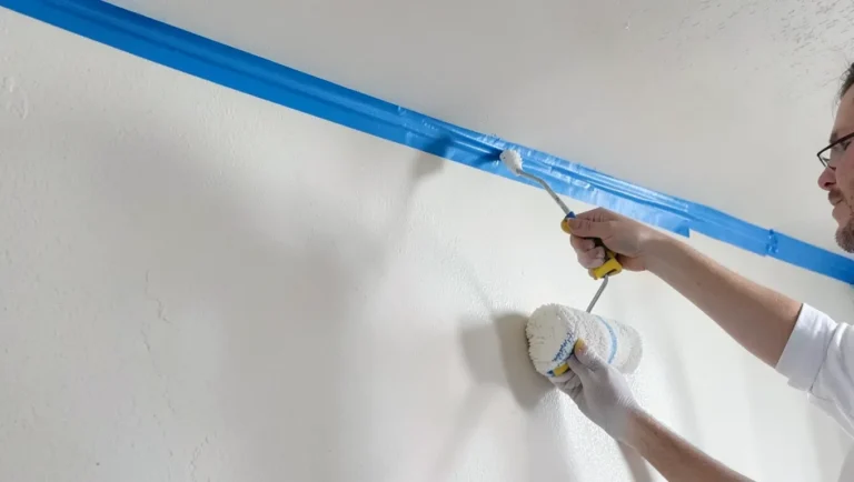 Painting a wall near the ceiling with painters tape protecting the edge