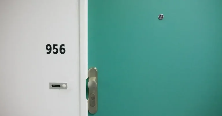 Teal painted steel entry door with brushed metal handle