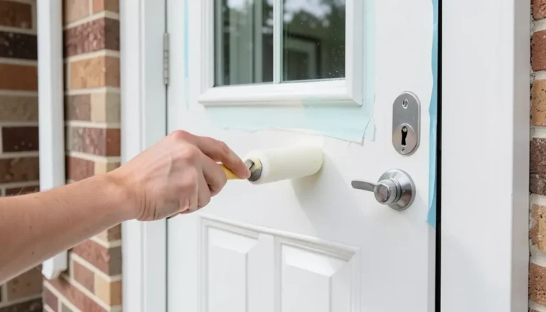 Rolling satin paint onto a white metal front door while it stays on its hinges