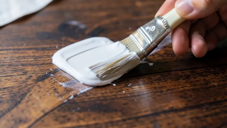A paintbrush applying acrylic paint over dark stained wood