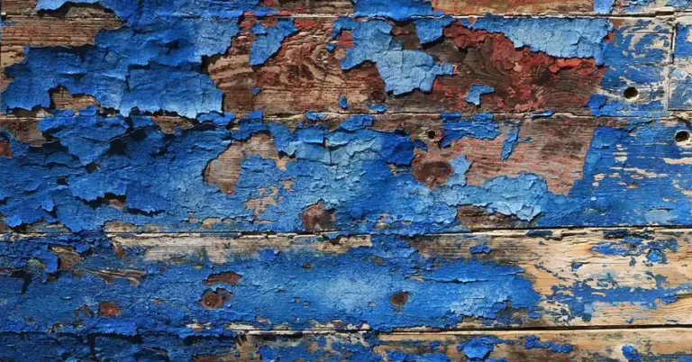 Weathered wood boards with peeling blue paint