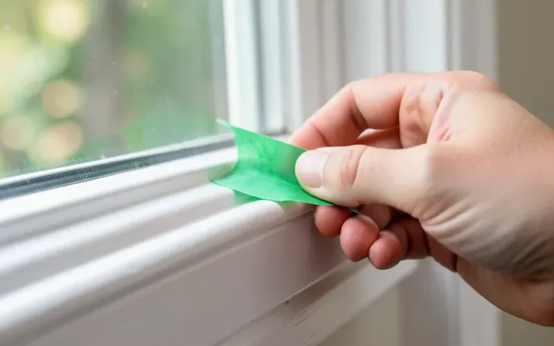 hand peeling green painter's tape off white wood window trim at a low angle