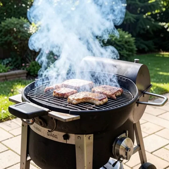 A wood pellet grill smoking meat outdoors with visible smoke