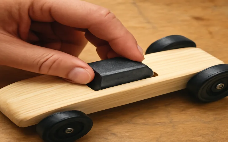Placing a dense metal weight near the rear axle of a pinewood derby car