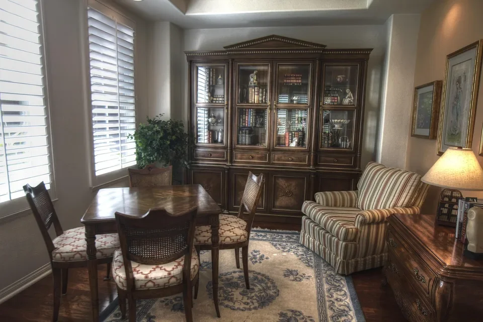 Painted plantation shutters on dining room windows