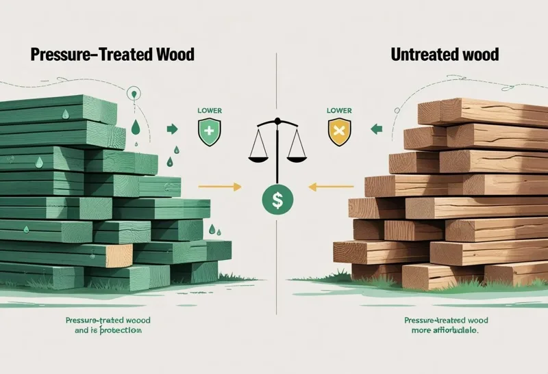 Stacks of pressure-treated lumber boards at a home improvement store
