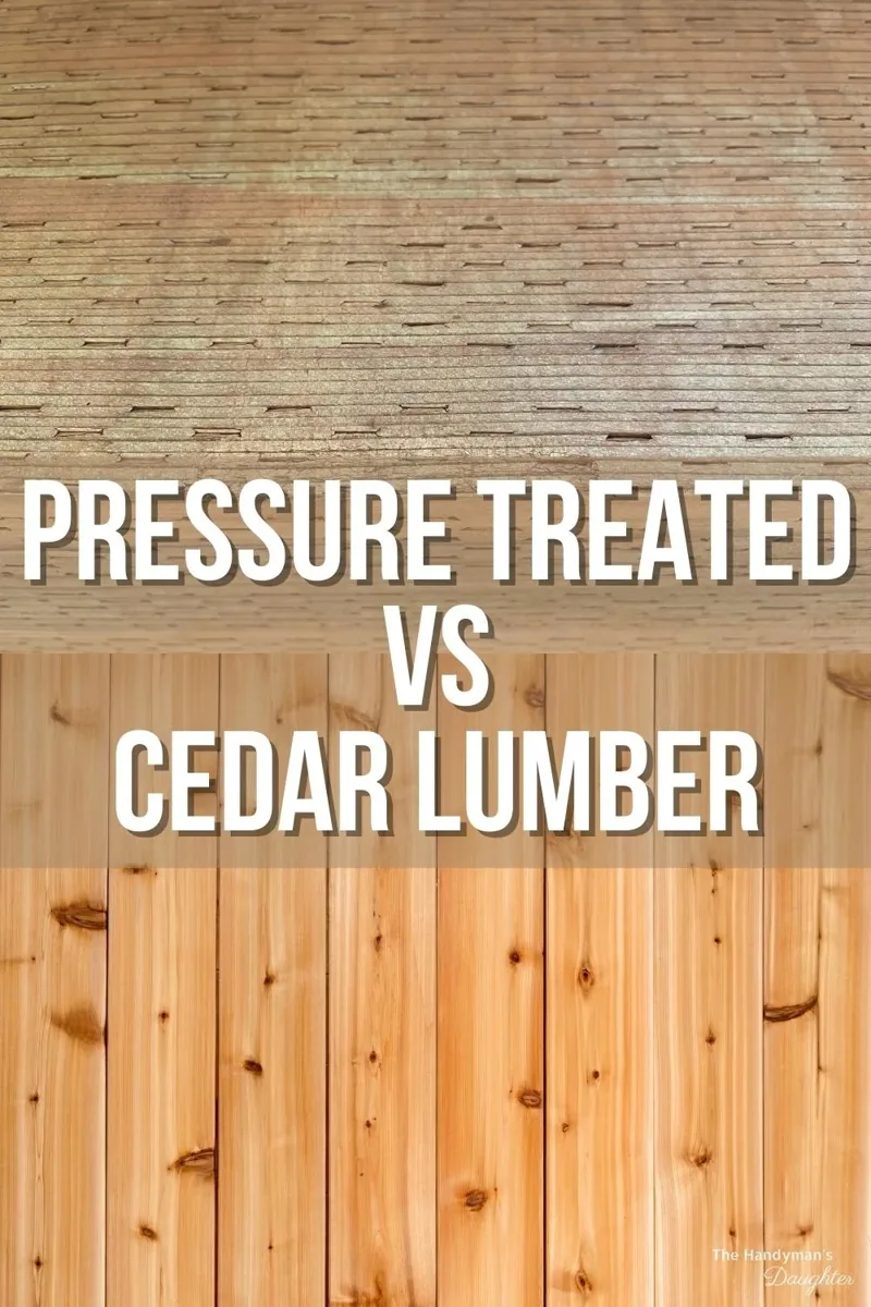 Side-by-side comparison of pressure-treated lumber and cedar lumber boards