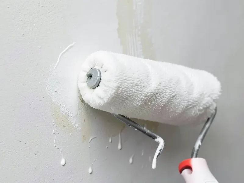 Paint roller applying stain-blocking primer over a water-stained wall