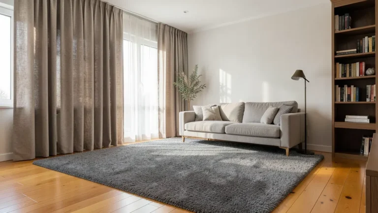 Living room with hardwood floor, thick area rug, curtains and soft furnishings to reduce echo