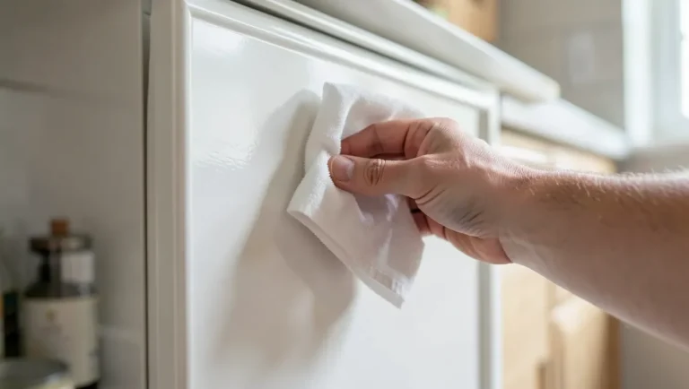 Hand wiping down a freshly painted white kitchen cabinet door during a no-sand refinishing project