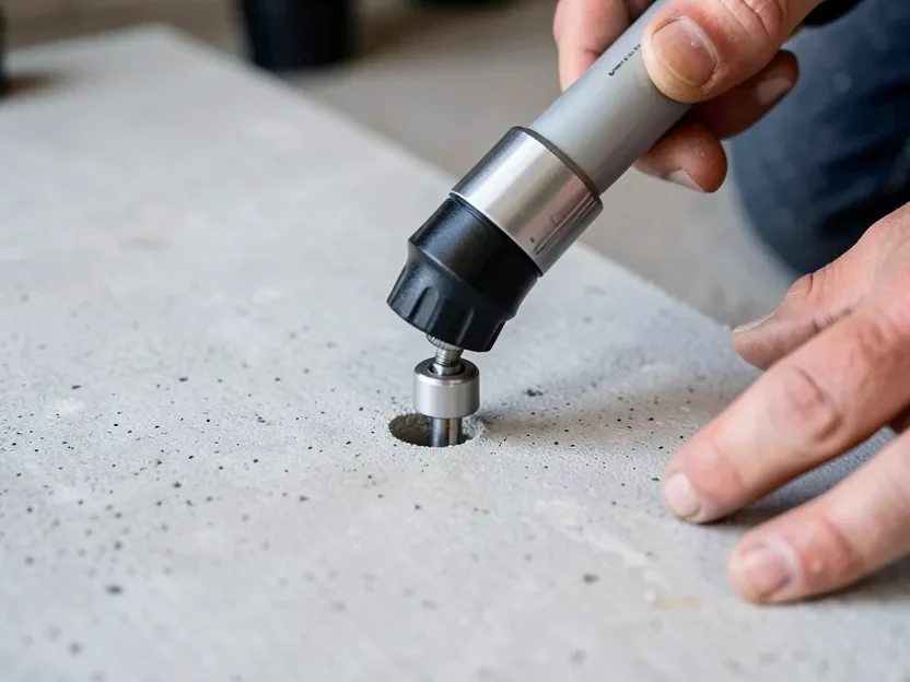 Relative humidity probe moisture test being performed in a drilled hole in a bare concrete slab before flooring installation