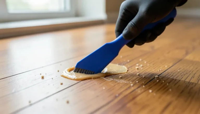 Gloved hand using a plastic scraper to remove dried carpet glue residue from a hardwood floor