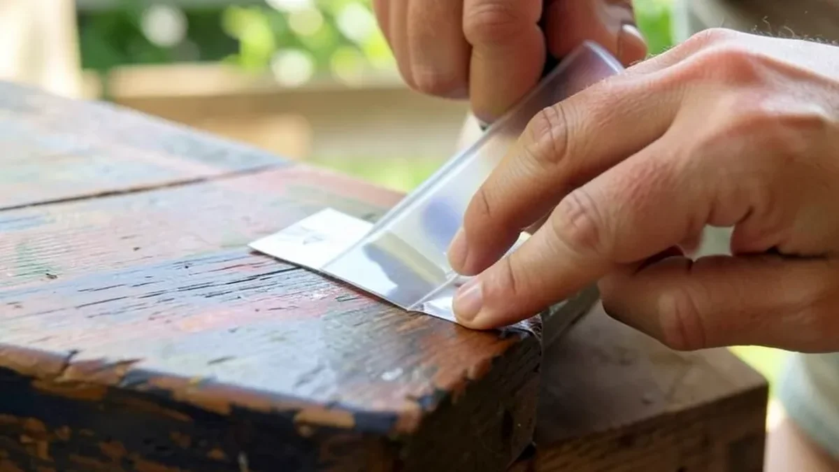 Hands using a plastic scraper to gently remove a sticker from painted wood
