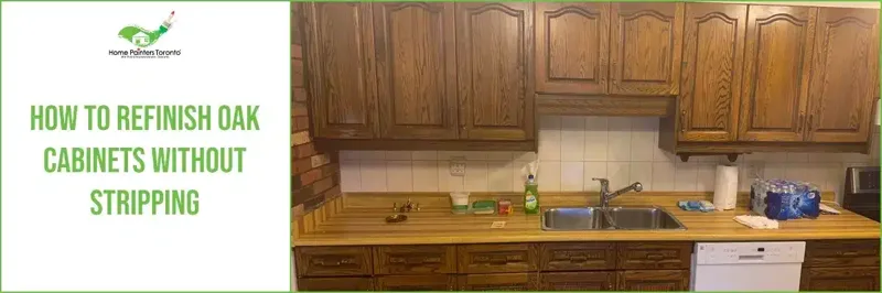 Before-and-after comparison of oak kitchen cabinets refinished without stripping the original finish