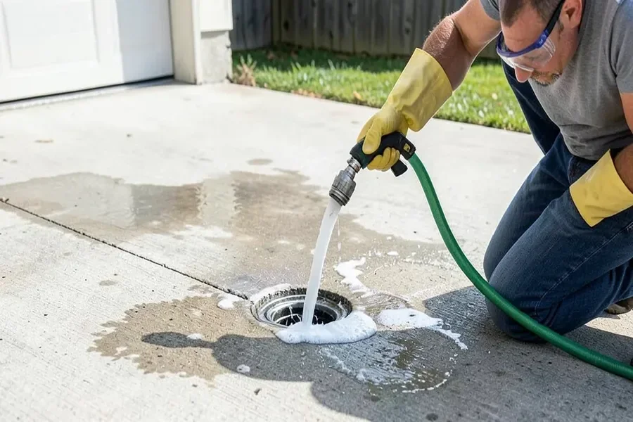 Rinsing a neutralized concrete floor with a hose while wearing gloves and eye protection