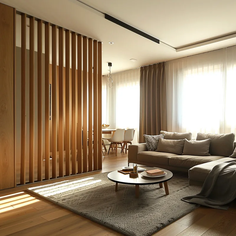 Finished wood slat panel used as a room divider after cutting to size