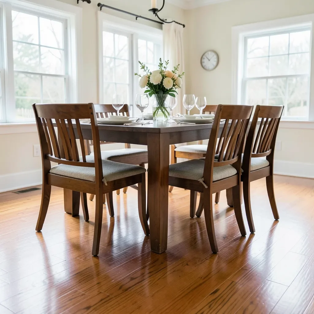 Wooden dining chairs fitted with felt glides standing on a hardwood floor