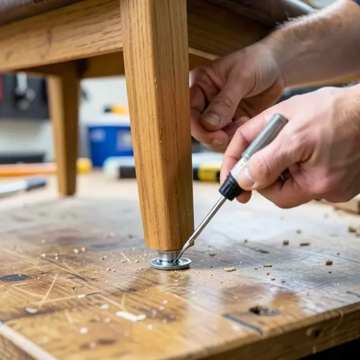 Installing a screw-on felt chair glide into a wooden chair leg with a screwdriver