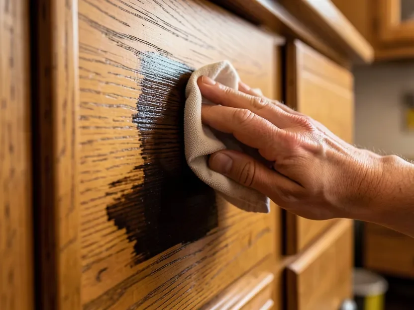 Hand wiping dark gel wood stain onto an oak kitchen cabinet door with a soft cloth