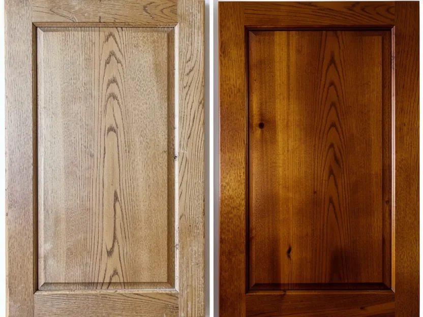 Before and after comparison of an oak cabinet door restained without stripping