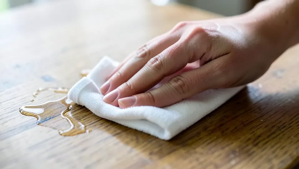 Rubbing a water stain off a wood table with a soft cloth