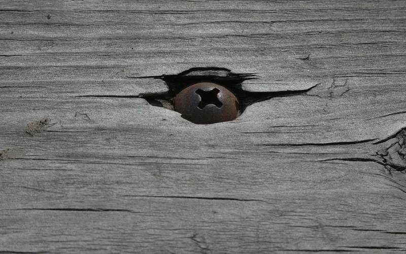 Corroded screw head sunk into weathered outdoor wood board Corroded screw head sunk into weathered outdoor wood board