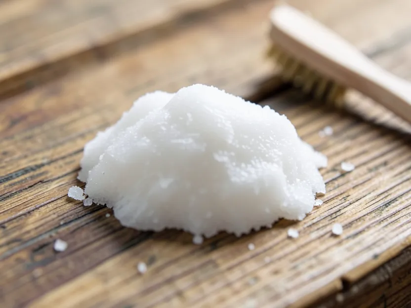 A small pile of salt paste on a wood surface with a toothbrush nearby