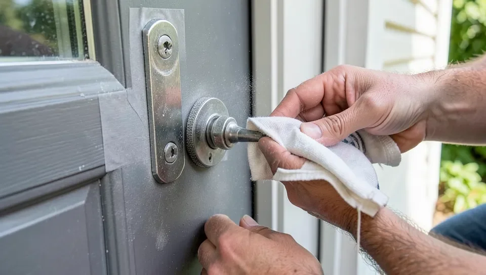Sanding and cleaning a metal door surface before priming