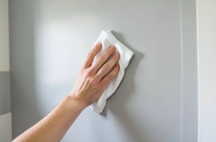 hand wiping a satin-finish painted kitchen wall clean with a cloth