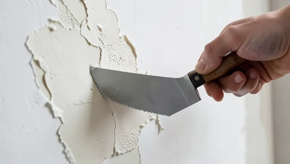 Scraping and smoothing a damaged wall surface after wallpaper removal