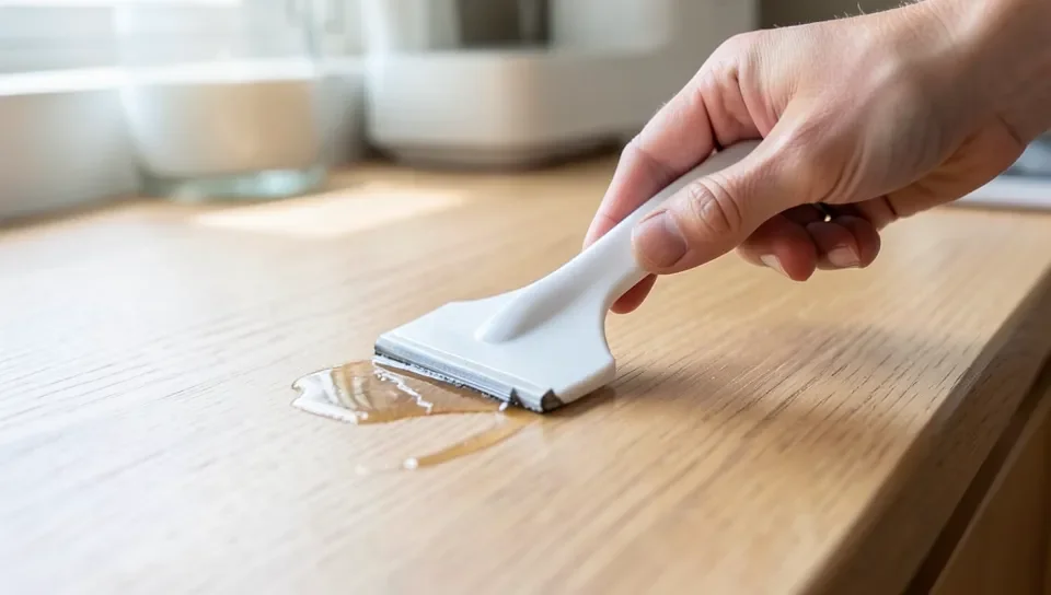 Scraping glue off a laminate surface with a plastic scraper