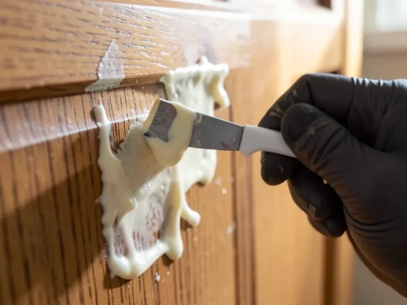 Scraping softened, bubbled paint off a wood cabinet surface with a plastic putty knife after chemical stripper application