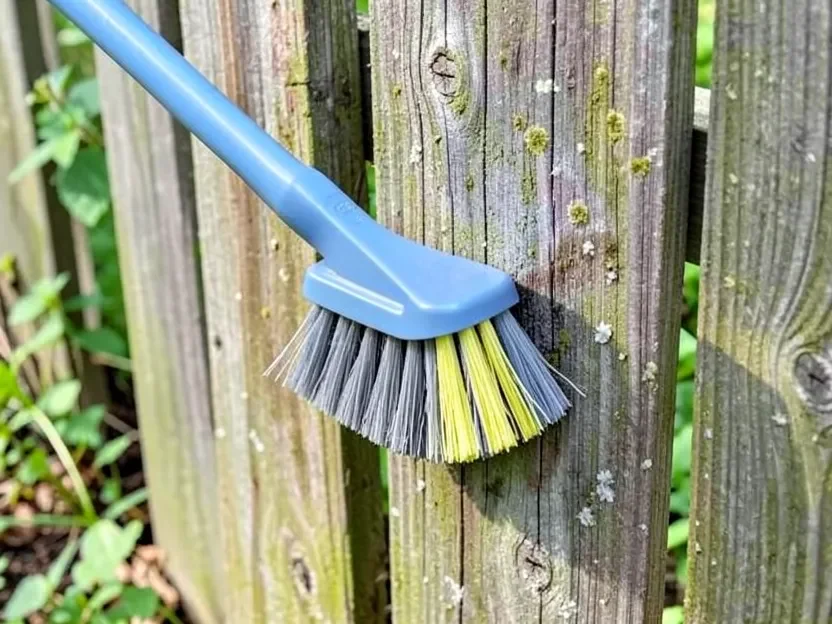 Scrubbing mildew stains off a wood fence with a soft brush