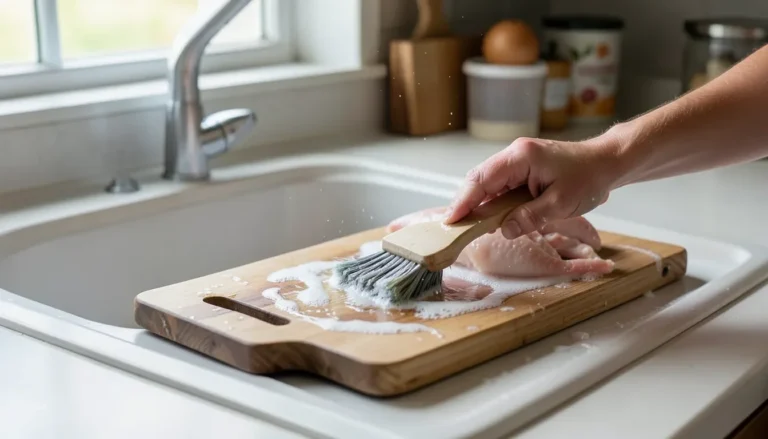 Scrubbing a wooden cutting board with soapy water after preparing chicken
