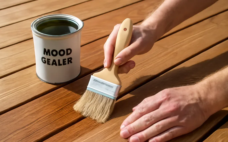 applying clear wood sealer with a brush on a deck board applying clear wood sealer with a brush on a deck board