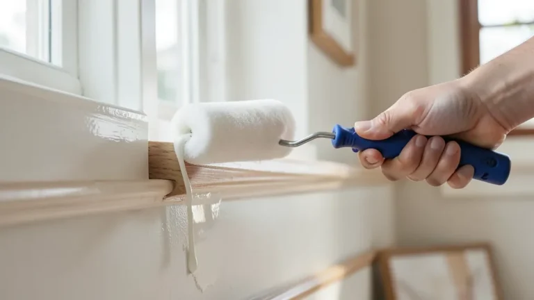 Rolling semi-gloss white paint onto wood trim with a small roller