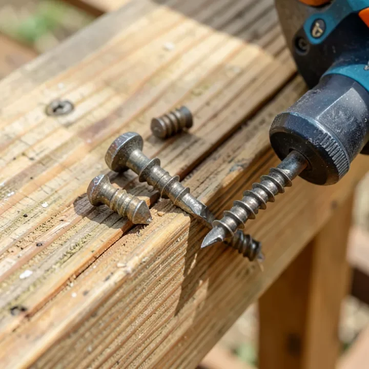 large structural wood screws on deck framing lumber