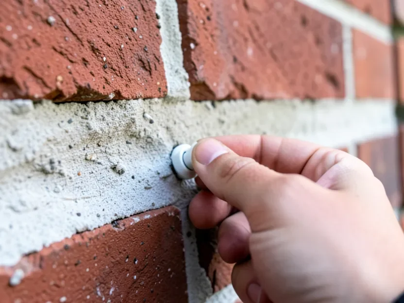 Close-up of a peg-style shutter fastener being pressed by hand into a mortar joint between bricks