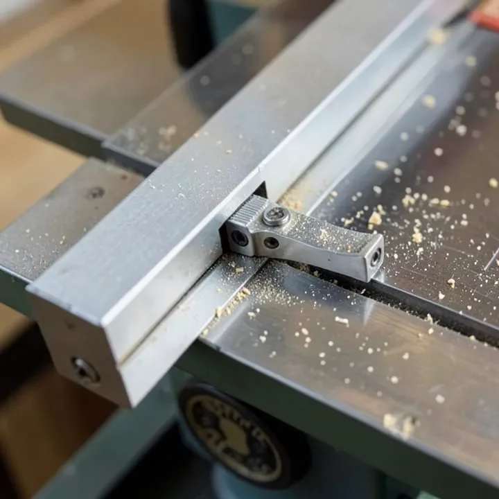 Table saw fence rail and locking mechanism close-up