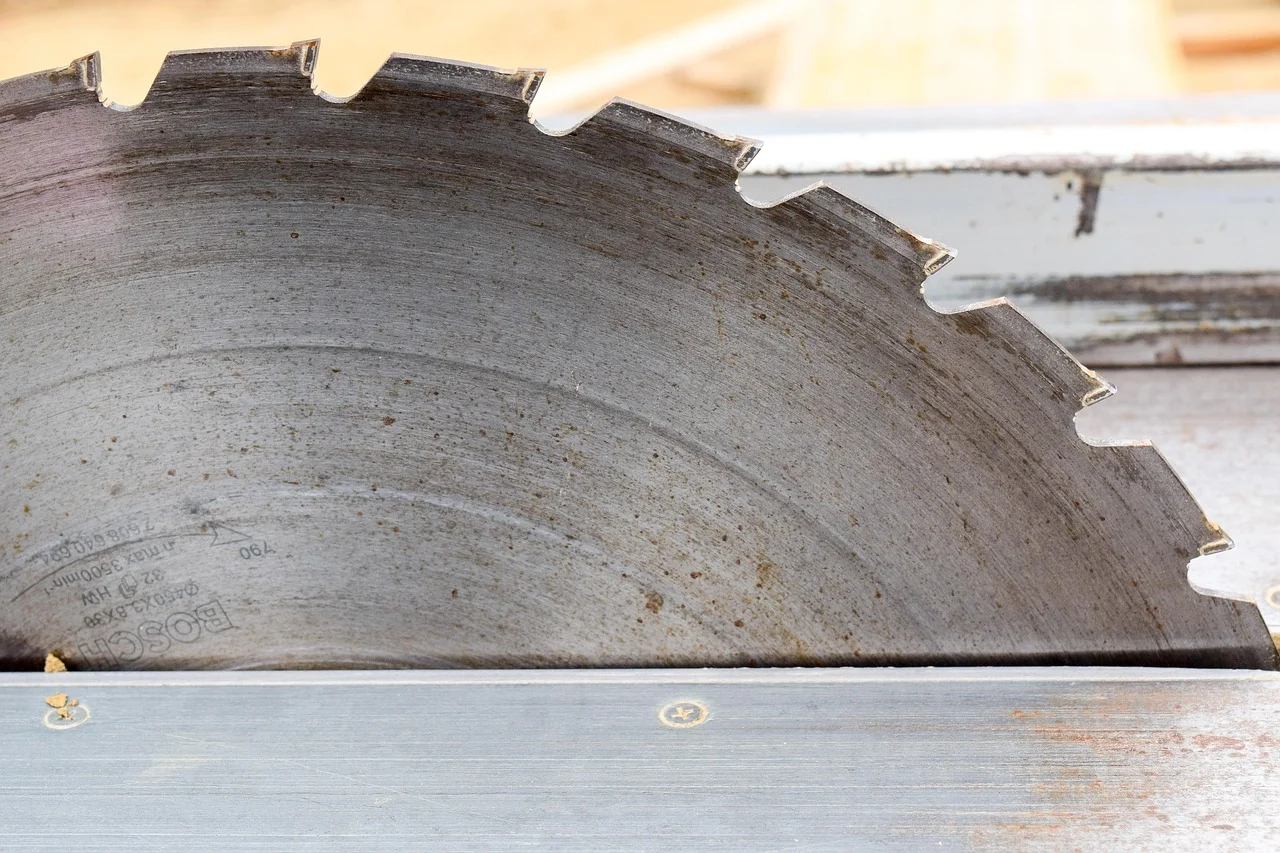 Table saw blade close-up mounted on the saw table