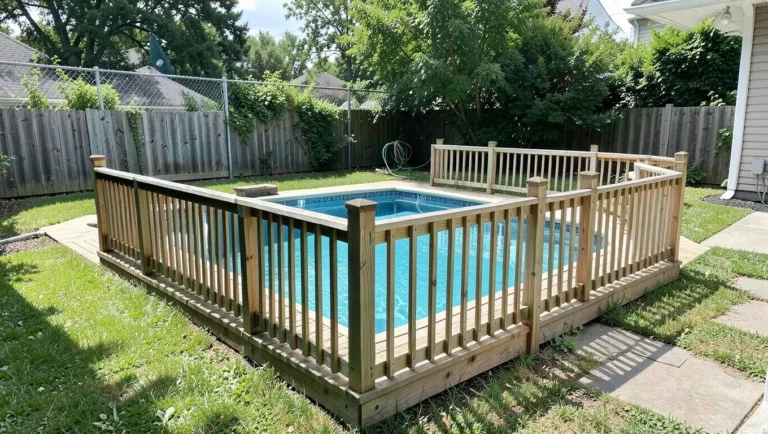 A small wood deck built around a backyard pool