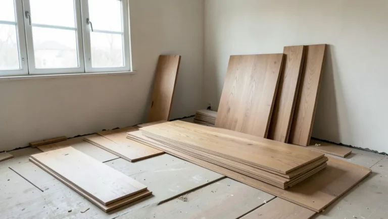 Stacks of solid hardwood flooring planks acclimating in an empty room before nail-down installation