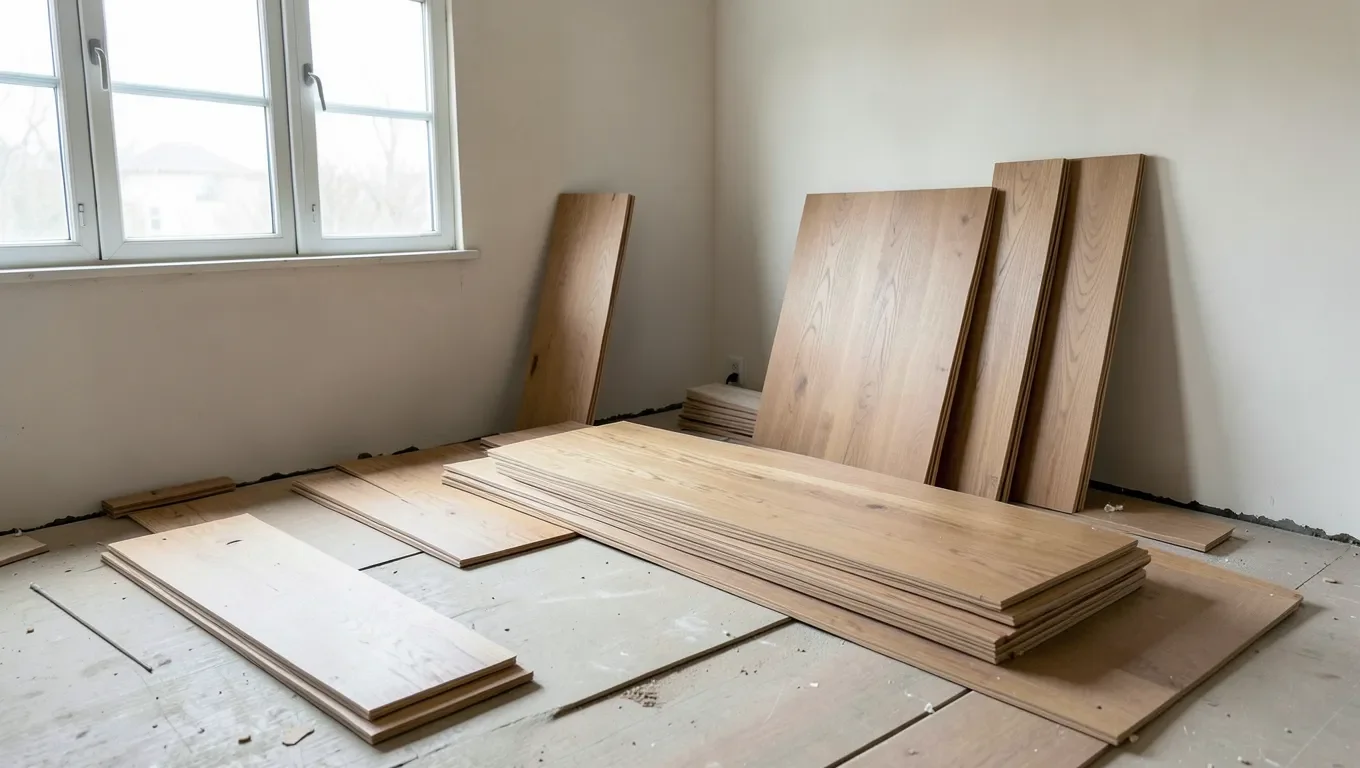 Stacks of solid hardwood flooring planks acclimating in an empty room before nail-down installation